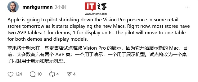 古爾曼：蘋果零售店減少Vision Pro展示區域，讓路給M4 Mac新品